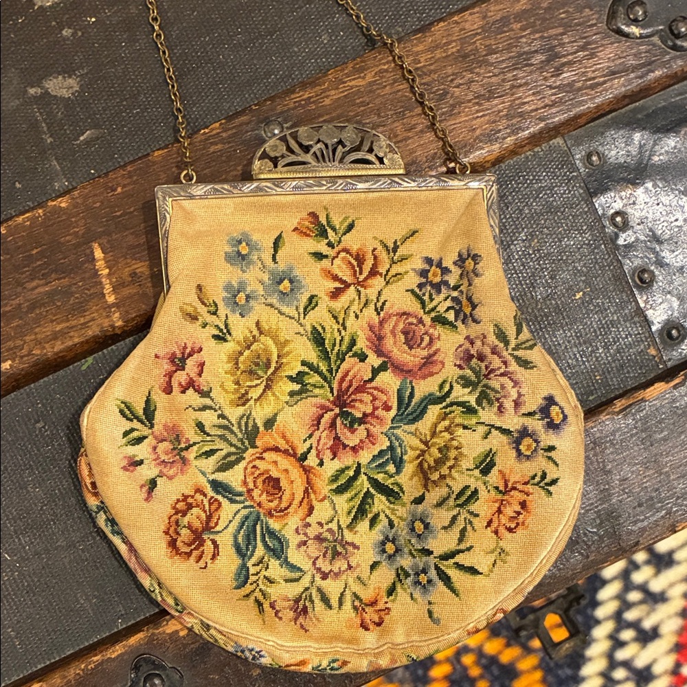 Vintage Floral Tapestry Petit Point Evening bag with Filagree clasp